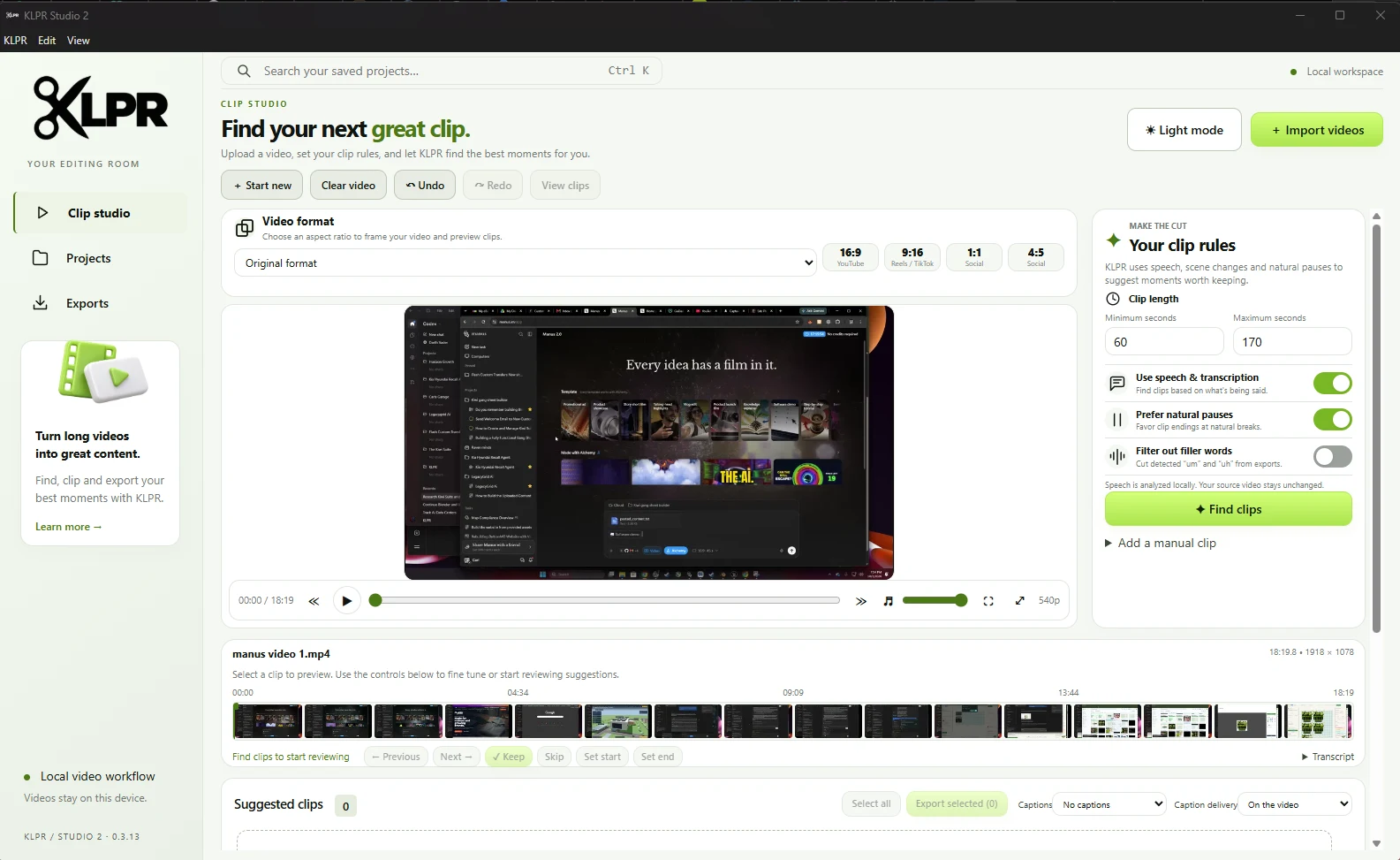 Actual KLPR Windows light-mode workspace with local source preview, clip rules, timeline and export controls